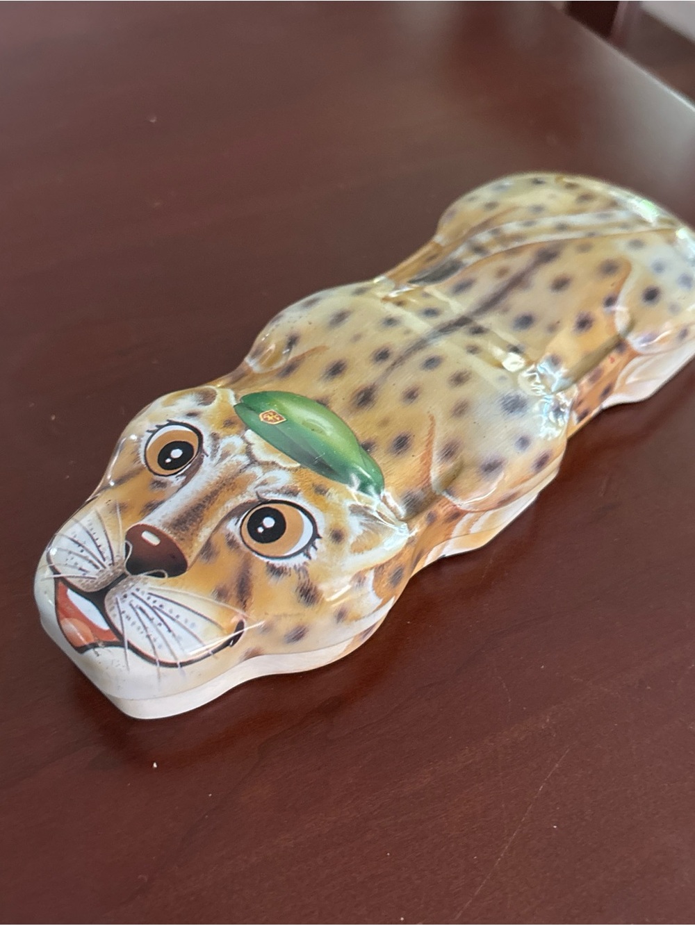 Vintage Cheetah Hinged Trinket Box Green Beret Figural Keepsake Jewelry Box